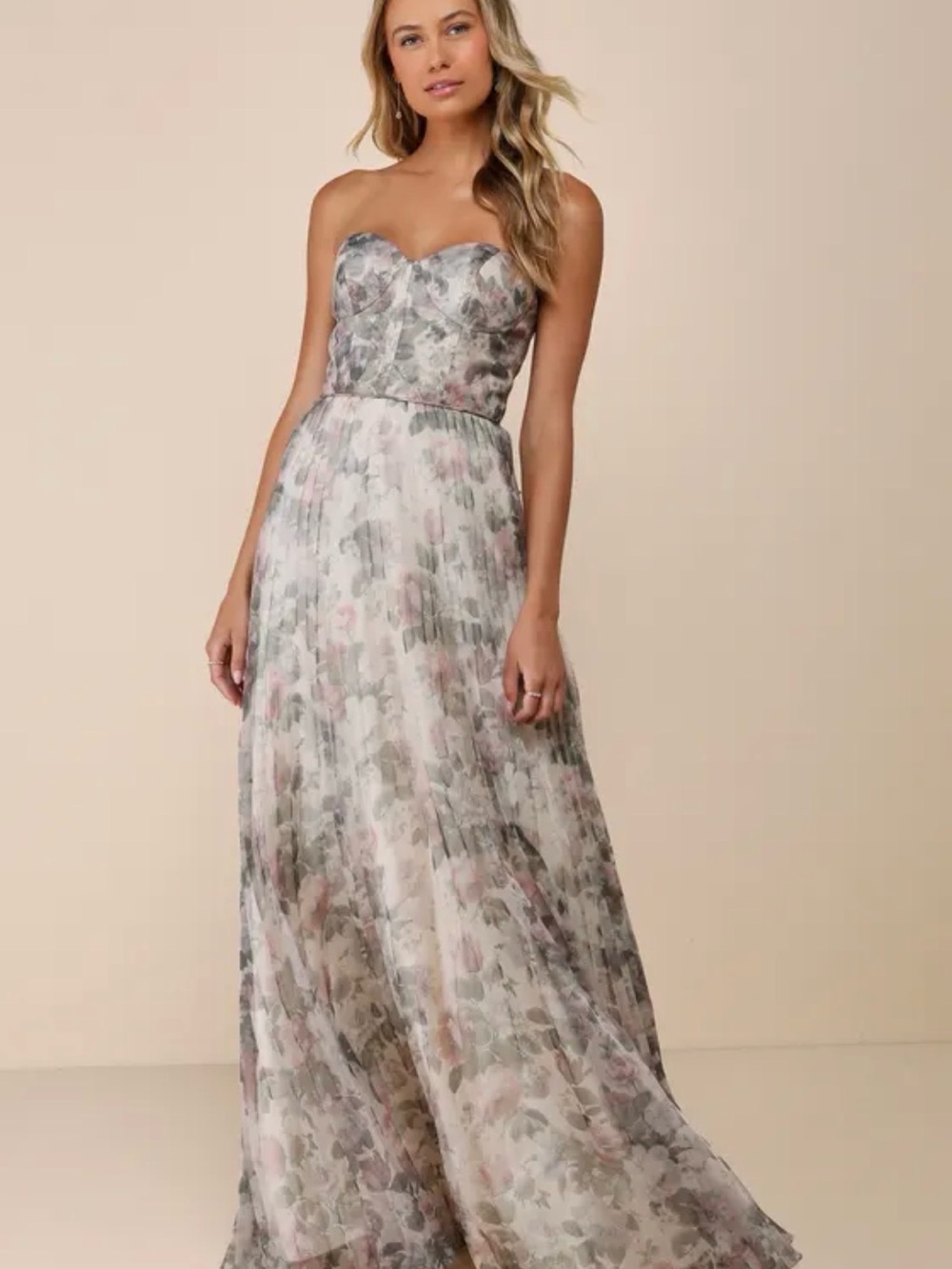 Lulu's Strapless Floral Evening Gown — Pink and Gray